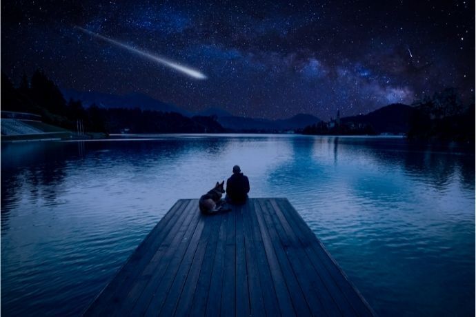 Estrela cadente no céu sobre lago com homem e cachorro em pier