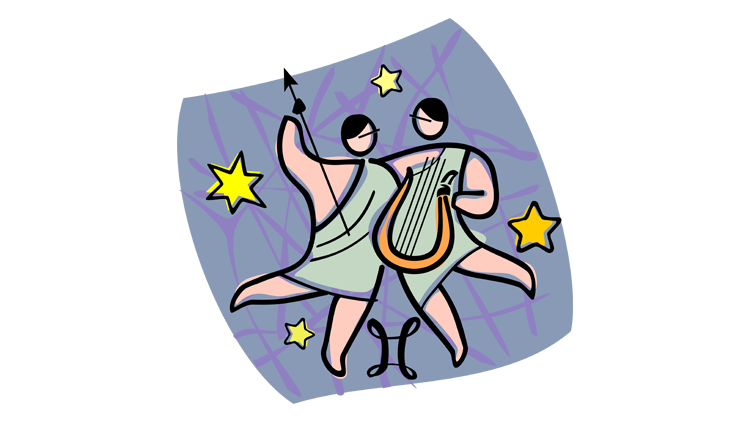 Dois personagens iguais, um segurando uma harpa e outro uma flecha, simbolizando o signo de gêmeos.