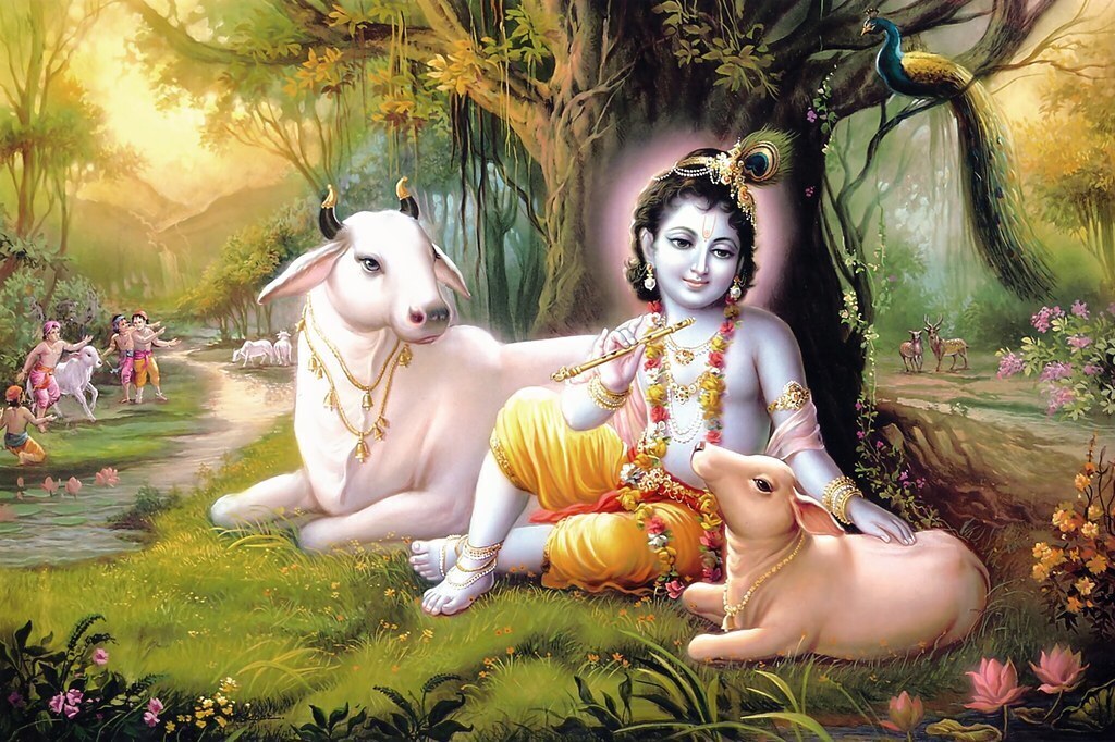 Ilustração do deus Krishna criança sentado embaixo de árvore e rodeado de bois.