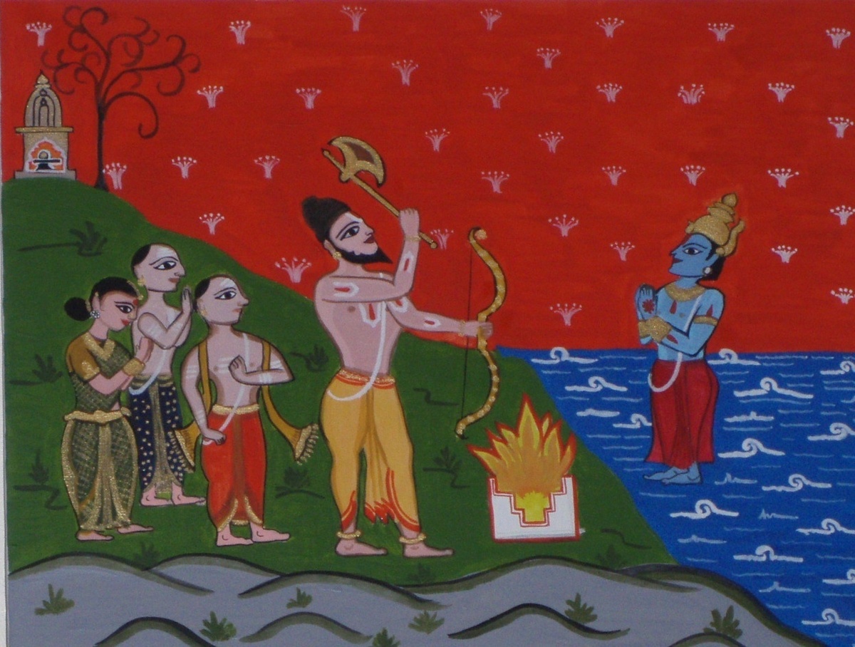 Ilustração do deus Varuna aparecendo nas águas em frente a mortais.