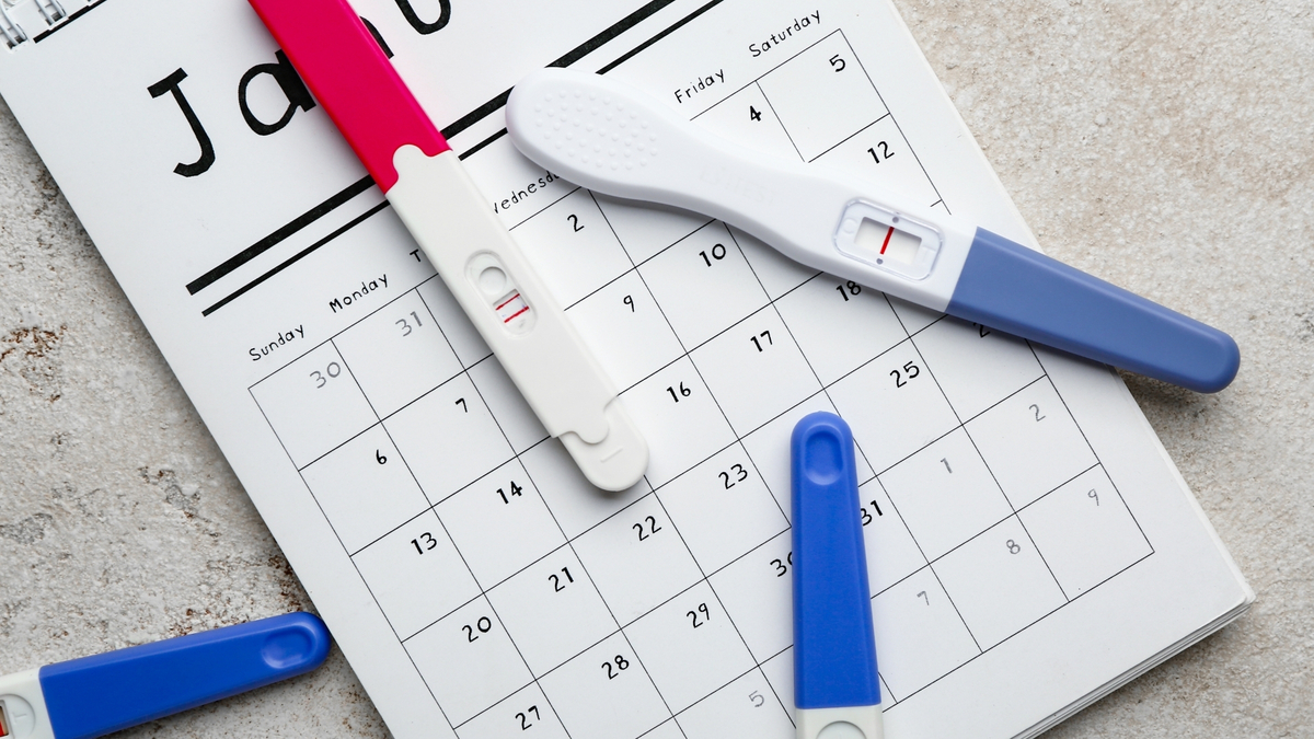 Teste de gravidez e calendário.
