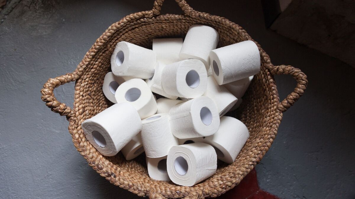 Rolos de papel higiênico em uma cesta.