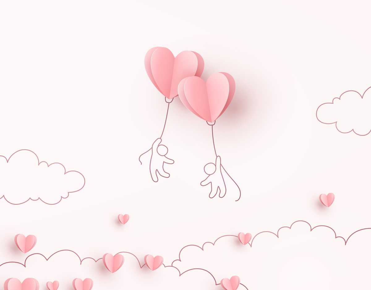 Desenho de pessoas voando em balões de coração