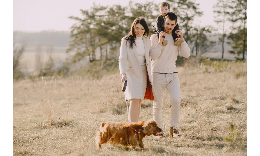 Foto de família caminhando no campo de grama com seu cachorro.