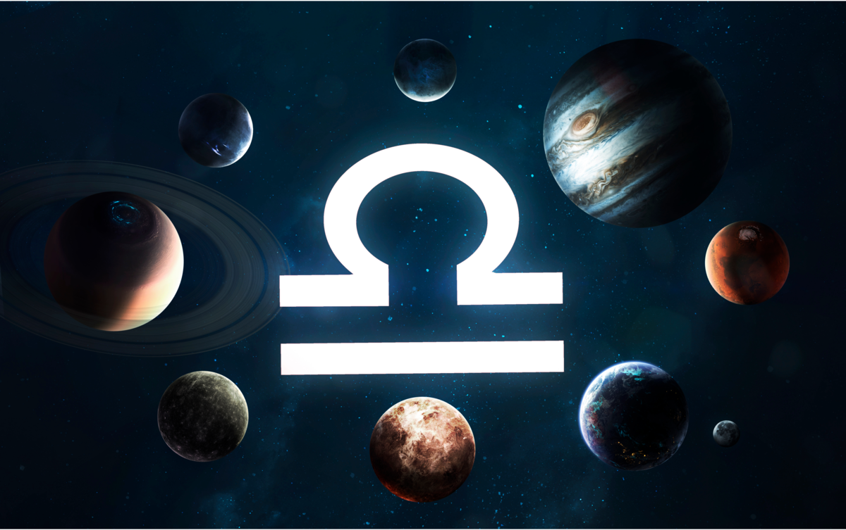 Símbolo de Libra entre os planetas do sistema solar