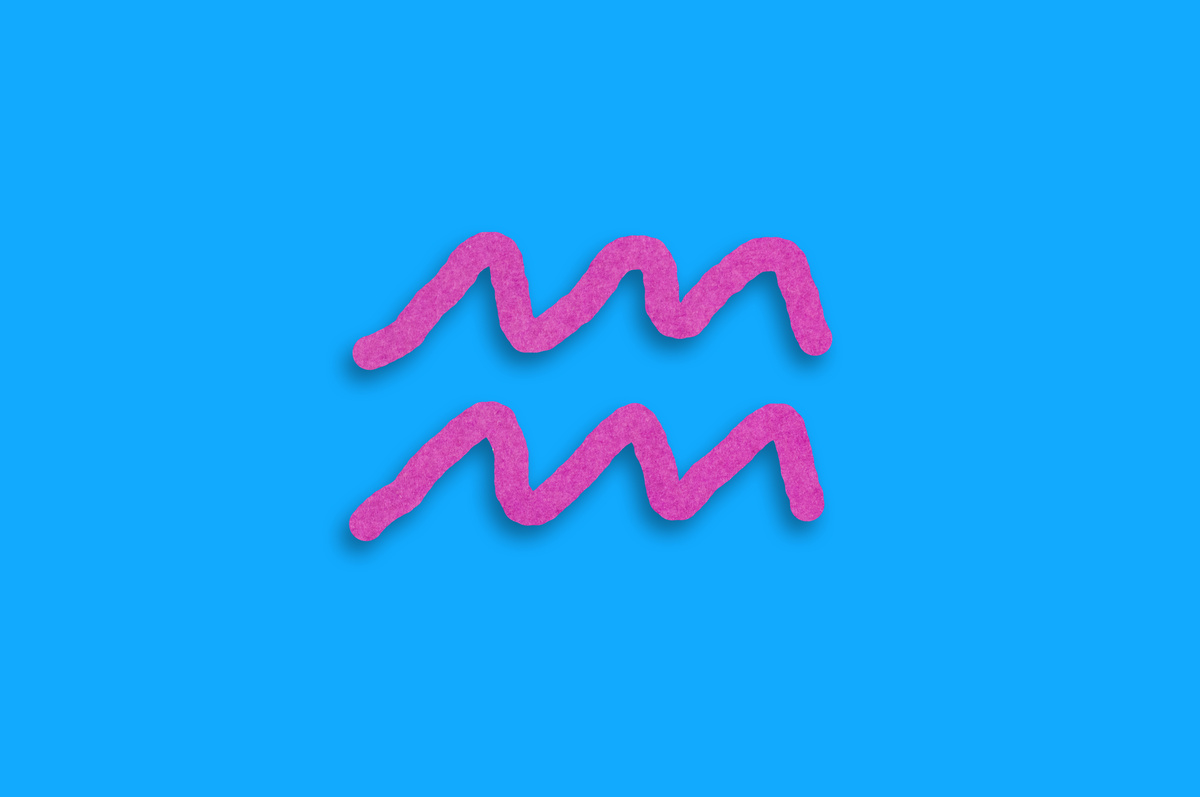 Duas ondas em paralelo, o símbolo de Aquário, em rosa, dentro de fundo azul.