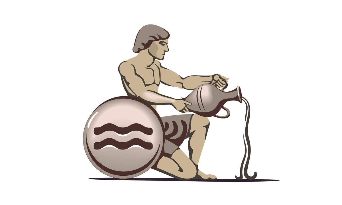 Ilustração de homem ajoelhado enquanto despeja água de jarro. Ao lado dele, uma pedra com duas ondas em paralelo, representando o símbolo de Aquário.