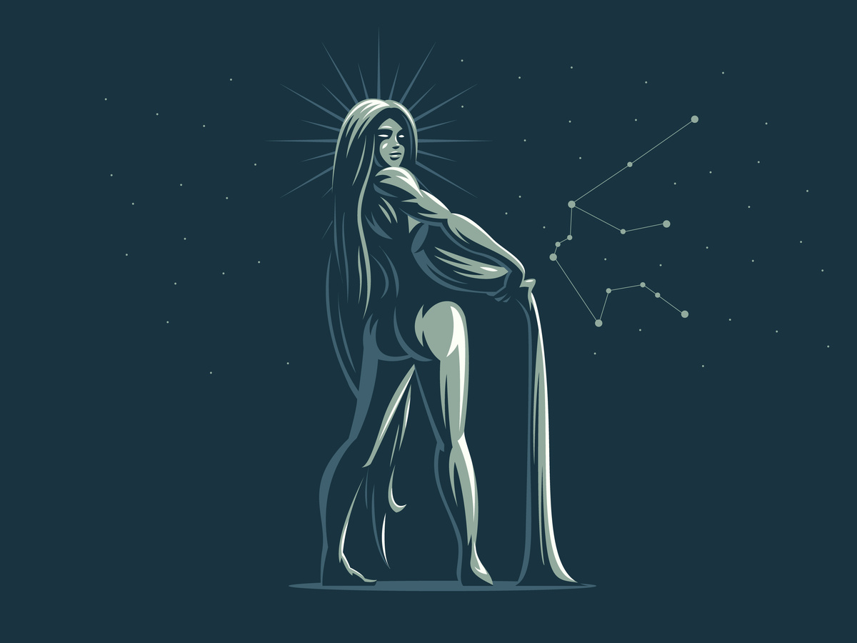 Ilustração em azul de mulher em pé, despejando água de jarro, ao lado da constelação do signo de Aquário.