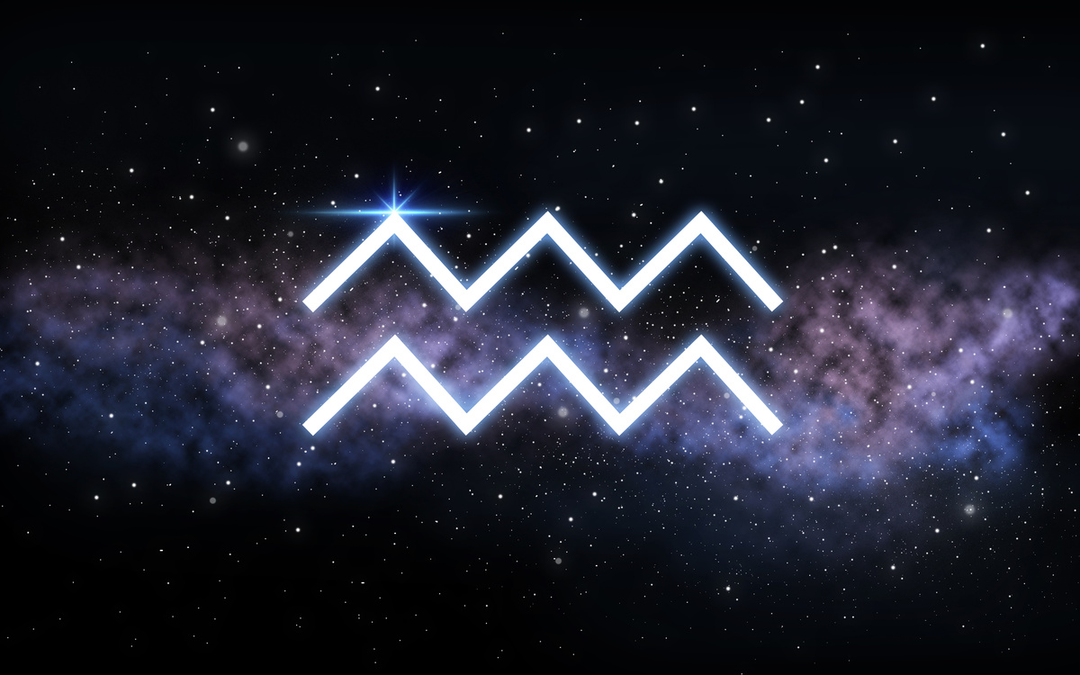Duas ondas paralelas, o símbolo do signo de Aquário, desenhadas em fundo de galáxia, com estrelas e névoas. 