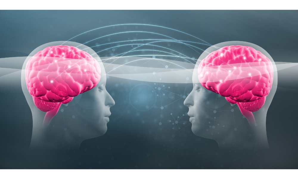 Telepatia - ilustração mostrando dois cérebros se conectando.