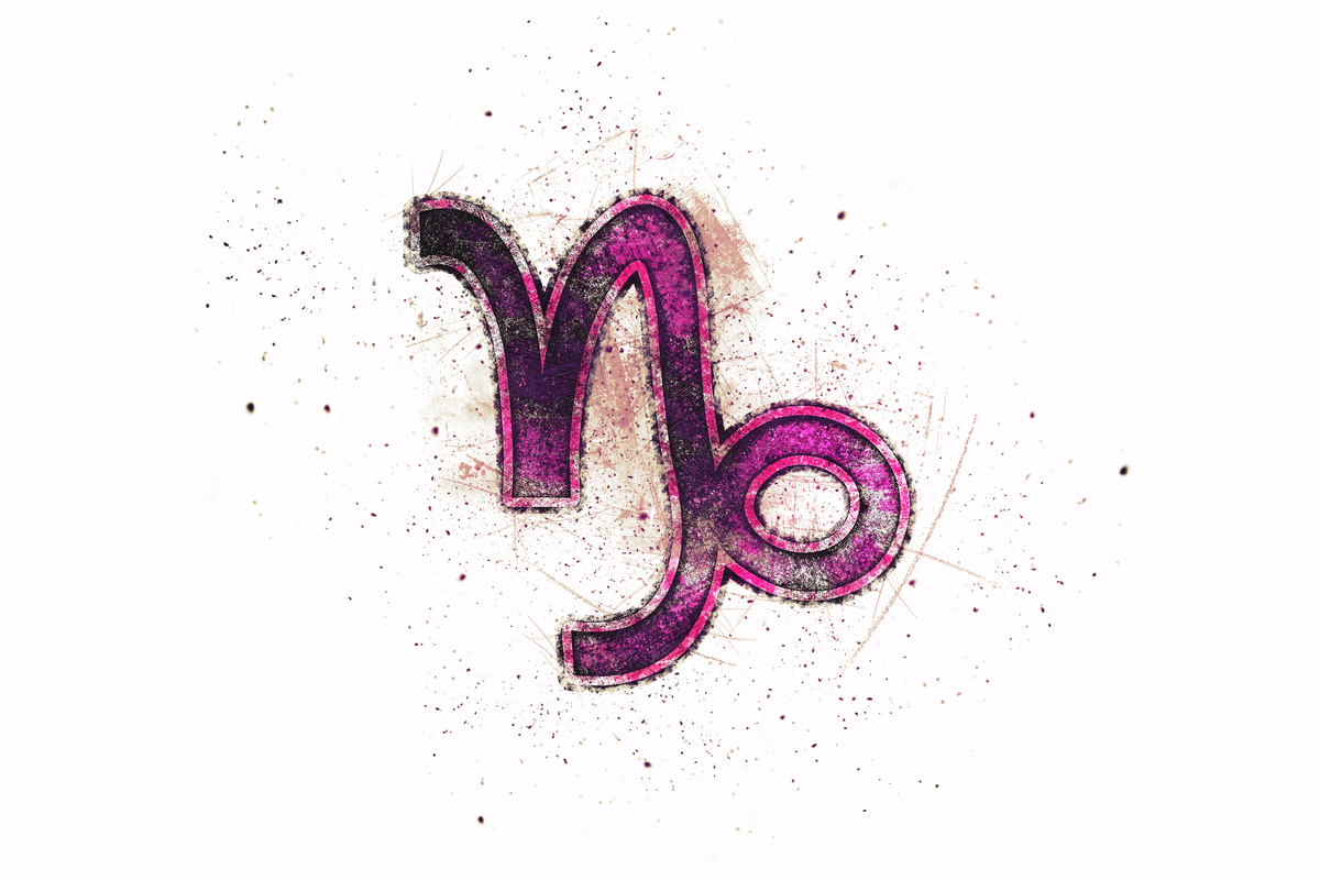 Símbolo de Capricórnio em roxo, rodeado de pequenos pontos.