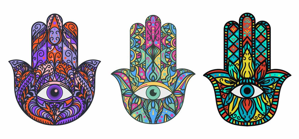Mãos de Fátima com mandalas e olhos na palmas