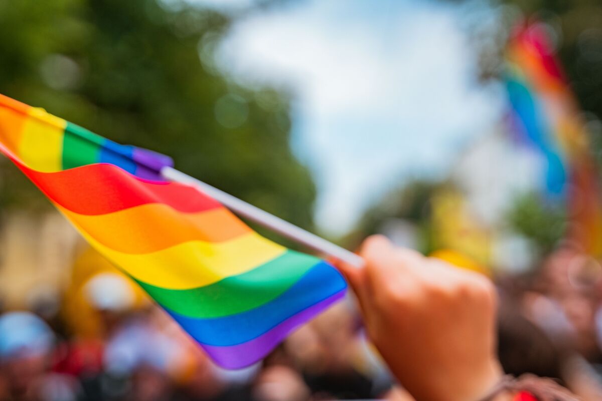 Pessoa levantando bandeira LGBT.