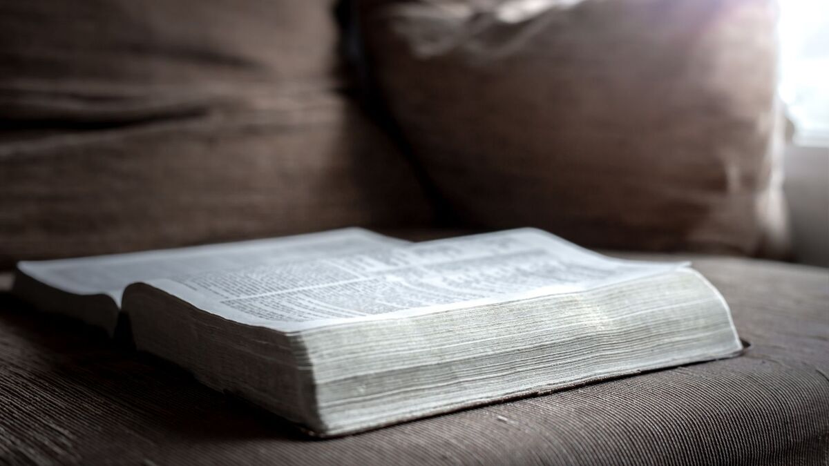 Bíblia aberta no sofá.