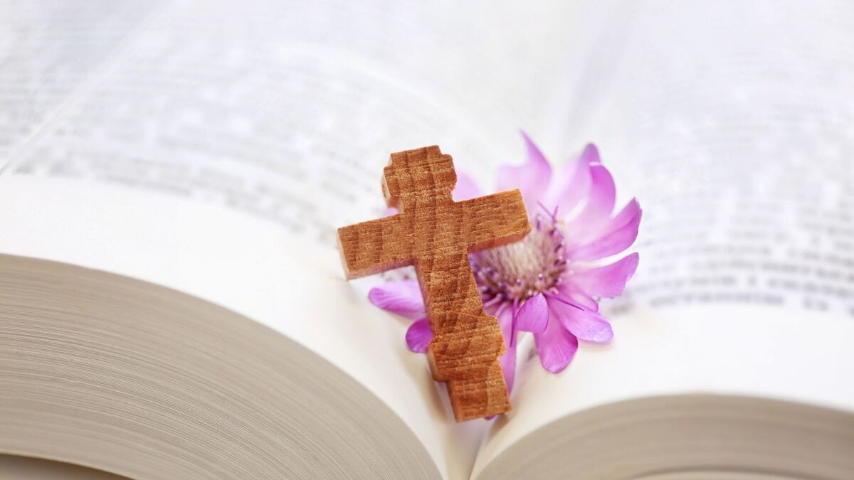 Crucifixo e uma flor dentro de uma bíblia.