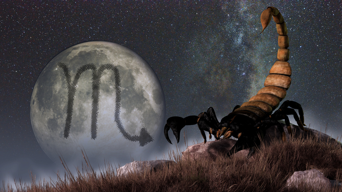 Ilustração com escorpião e lua com símbolo do signo de Escorpião