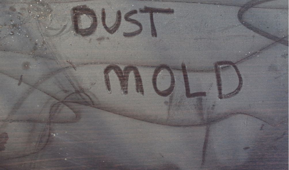 Chão com poeira escrito "dust mold"