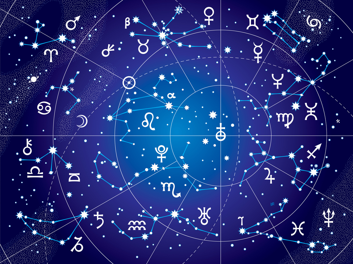 Constelações e símbolos dos signos do zodíaco em fundo azul com quadrantes marcados