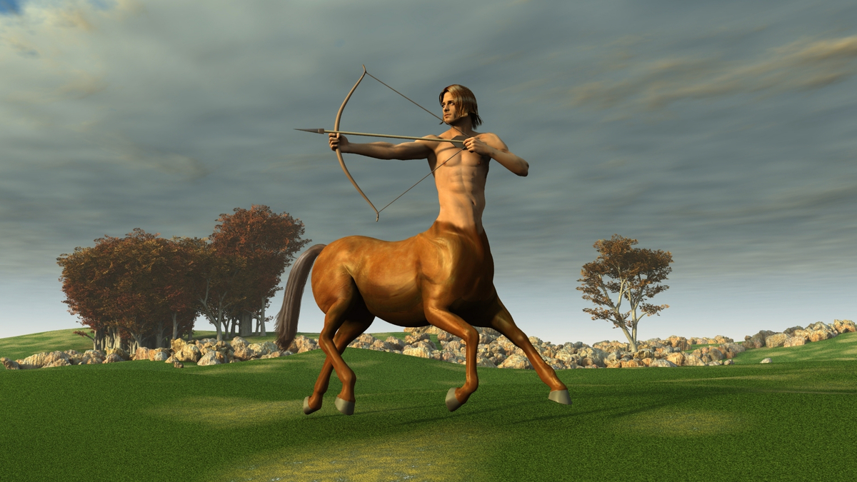 Centauro com arco e flecha no campo.