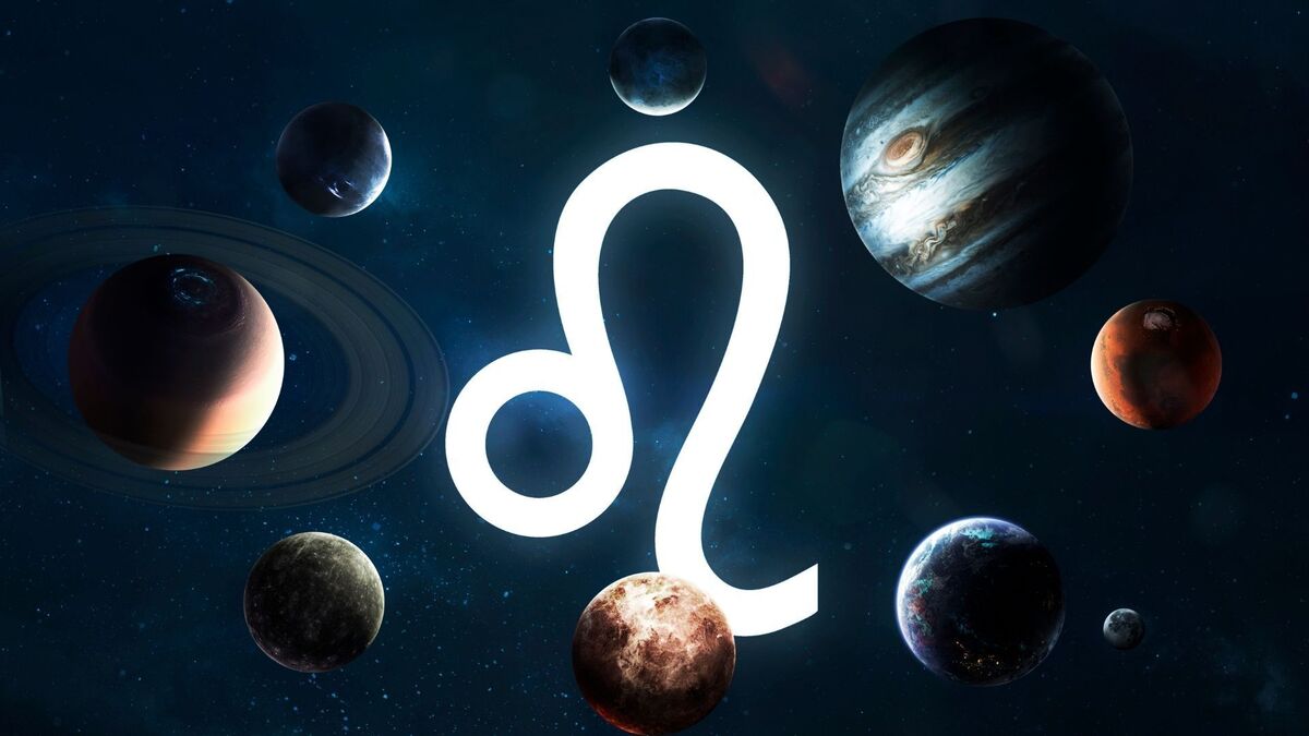 Símbolo do signo de Leão rodeado de planetas.