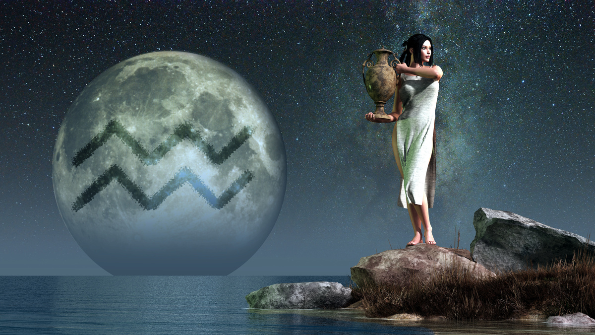 Ilustração de mulher carregando um jarro de lua com símbolo do signo de Aquário