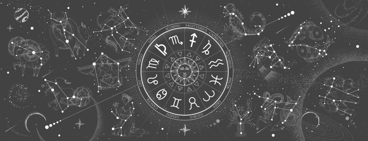 Roda do Zodíaco em fundo cinza com constelações dos signos ao redor
