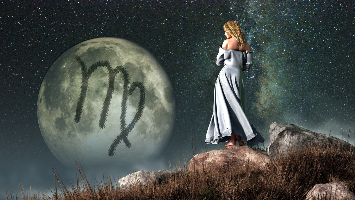 Ilustração de desenho, mulher olhando para a Lua com o símbolo de Virgem