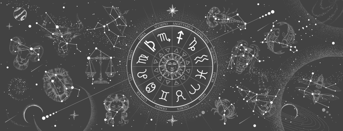 Roda do Zodíaco com constelações ao redor