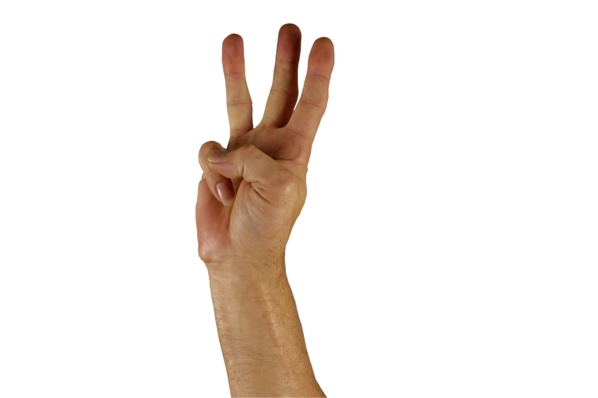 Uma mão fazendo o sinal do três.