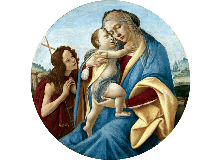 Quadro da Virgem Maria segurando uma criança e sendo observada por uma mulher