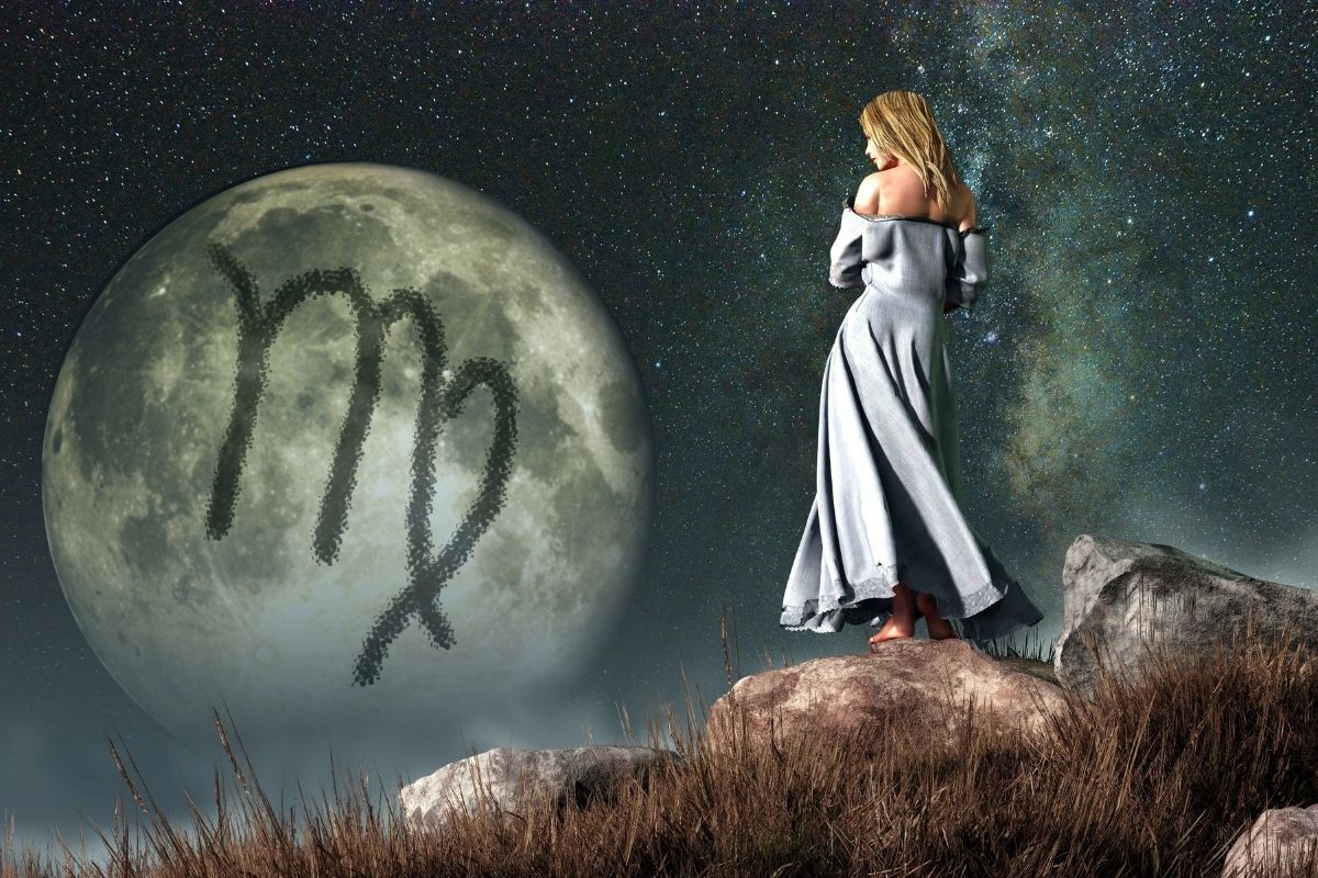 Ilustração de uma mulher observando a Lua em uma montanha, com o símbolo de Virgem