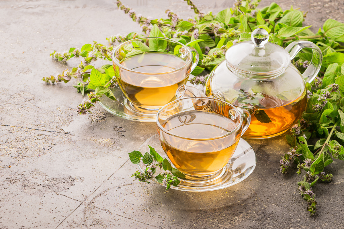 Folhas de cidreira e xícara com chá