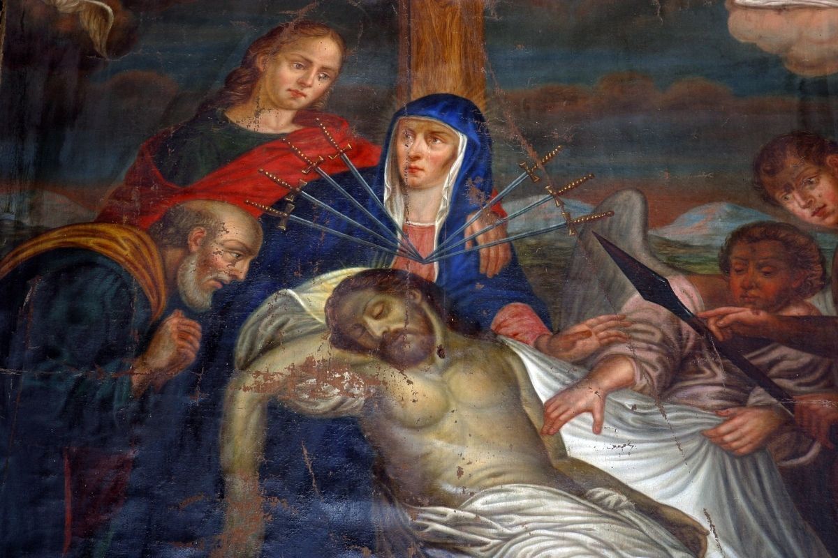 Nossa Senhora das Dores no momento em que Jesus foi tirado da Cruz