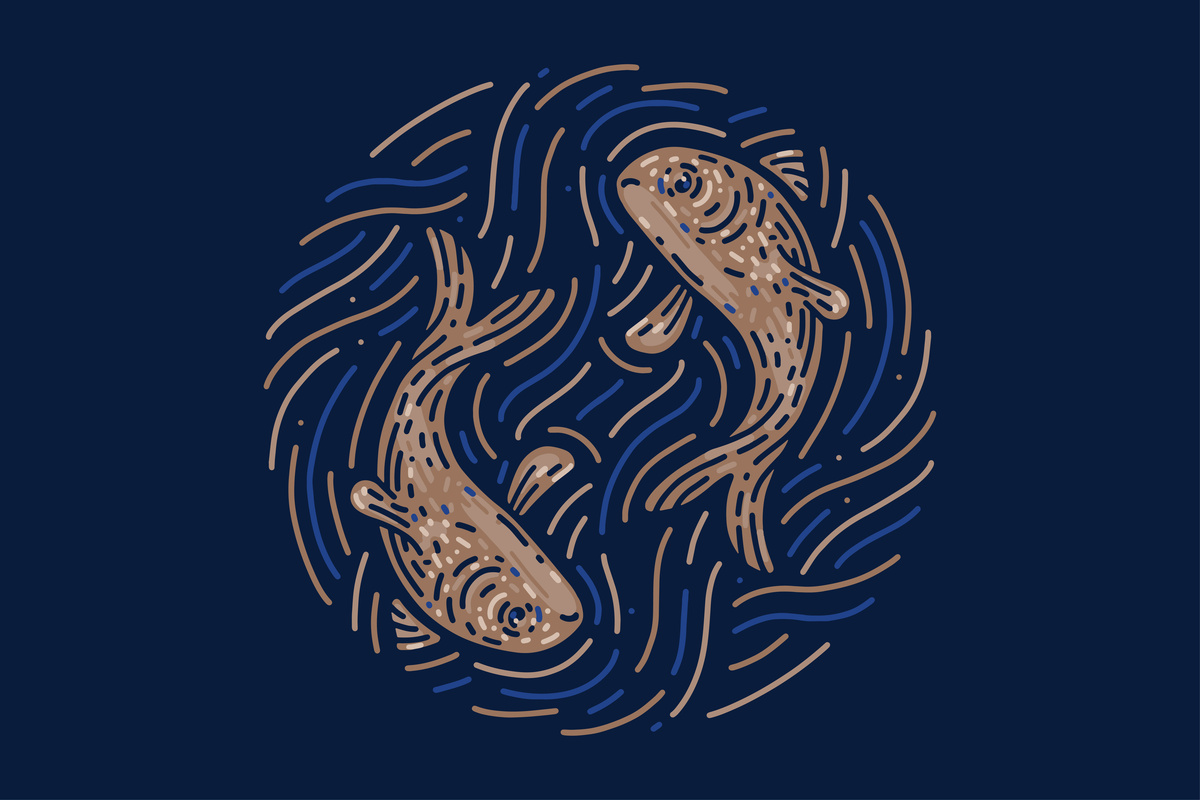 Em fundo azul, o desenho de dois peixes nadando em direções opostas feito em dourado, formando o símbolo do signo de Peixes.
