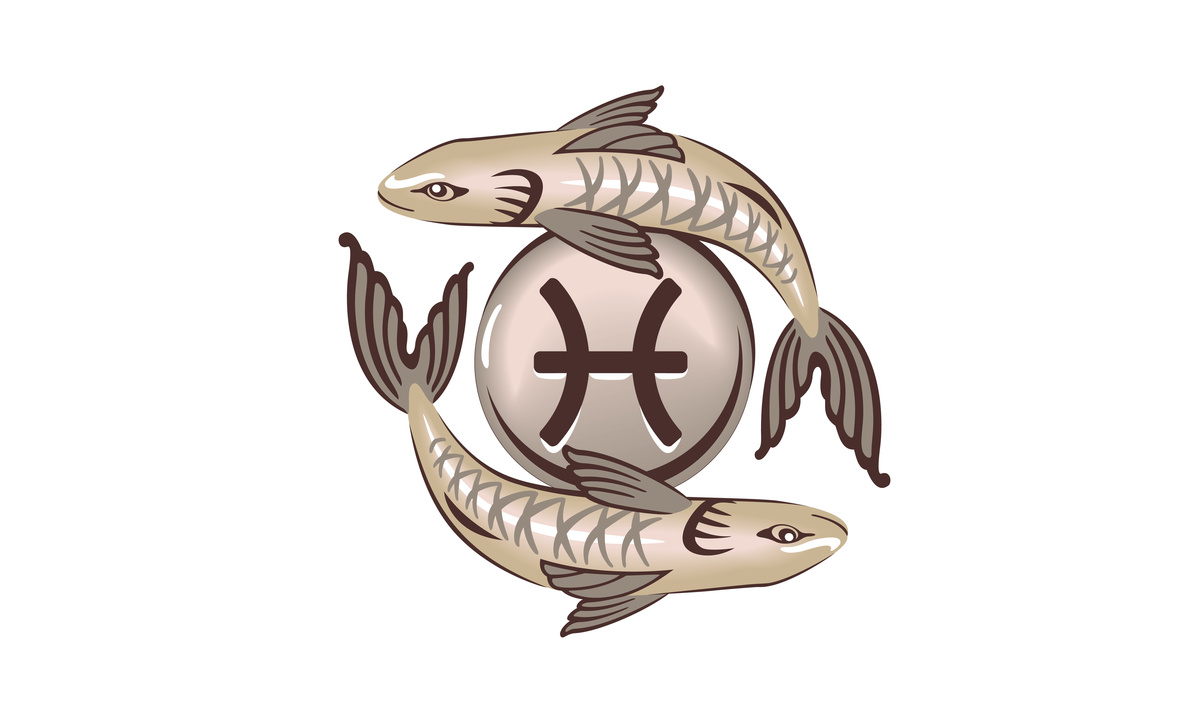 Símbolo de Peixes em cobre, ao centro, sendo rodeado por dois peixes que nadam em direções diferentes.