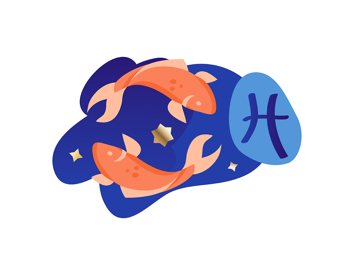 Ilustração de dois peixes laranjas nadando em direções opostas, ao lado de símbolo do signo de Peixes, feito em azul-escuro.