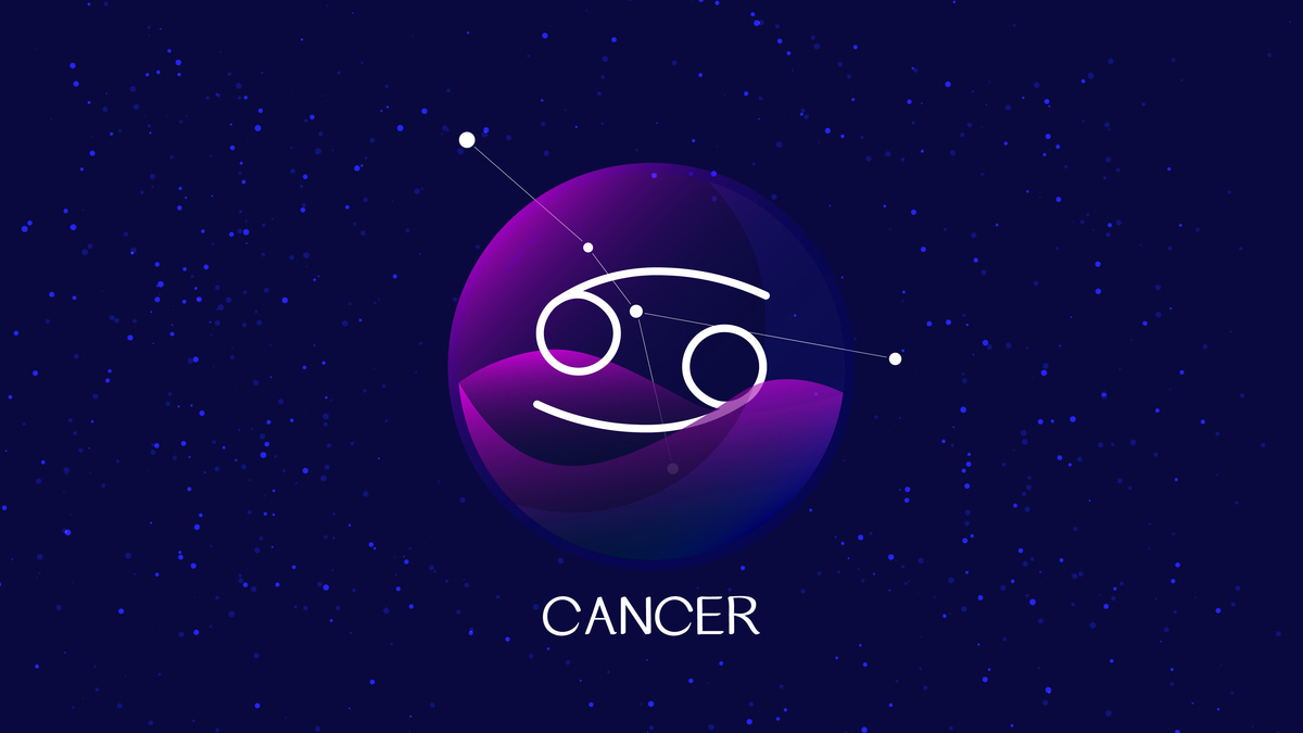 Símbolo e constelação do signo de Câncer dentro de uma esfera roxa com fundo roxo e estrelado.