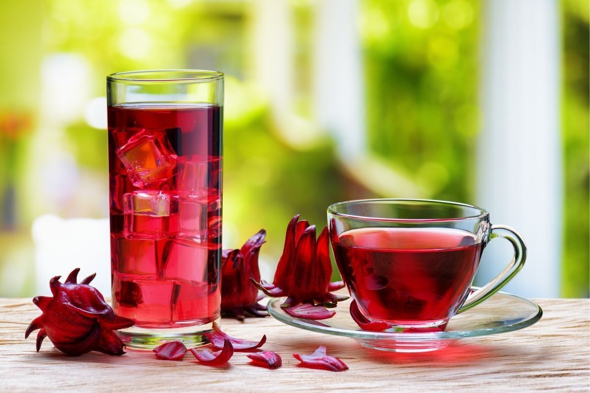 Chá de hibisco, vermelho, em um copo com gelo e uma xícara transparente com pétalas de flor vermelhas em volta