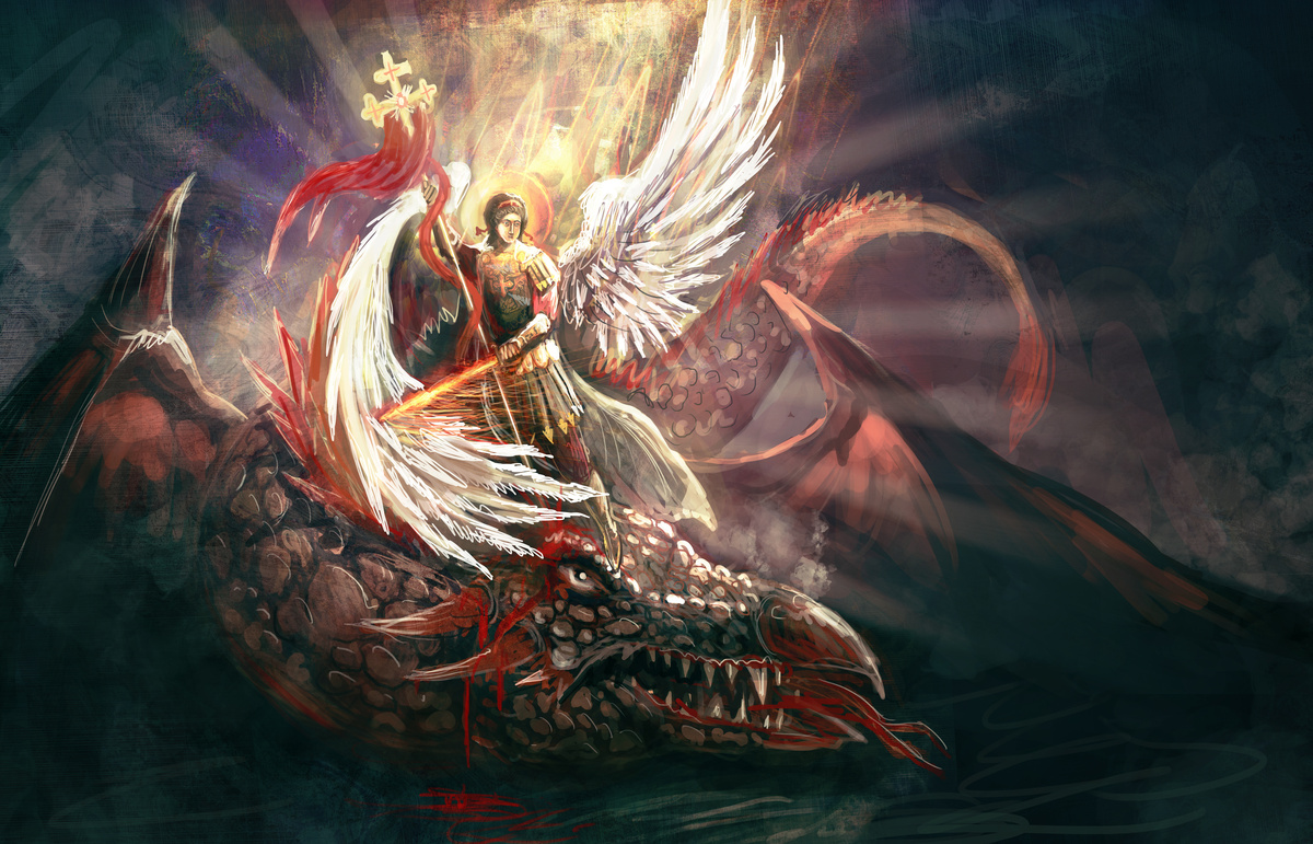 Ilustração de São Miguel em um dragão