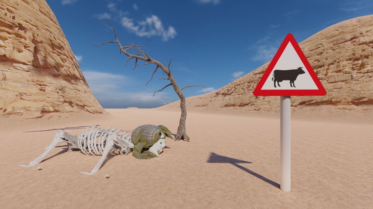 Esqueleto de uma vaca no deserto.