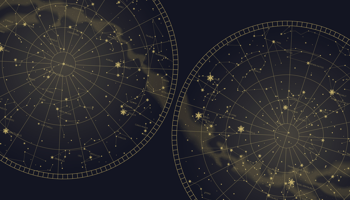 Símbolos do Mapa Astral sobre fundo escuro com estrelas e constelações