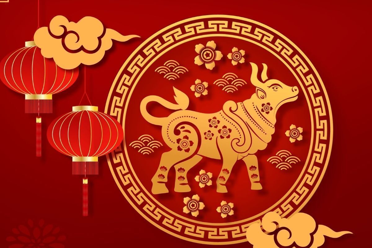 Ilustração do Ano do Boi Chinês em vermelho e dourado