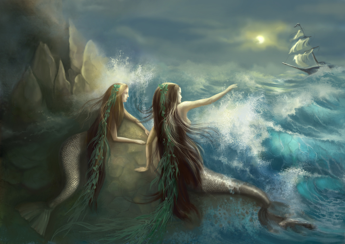 Duas sereias nas rochas no fundo de um oceano tempestuoso e as ondas furiosas - ilustração