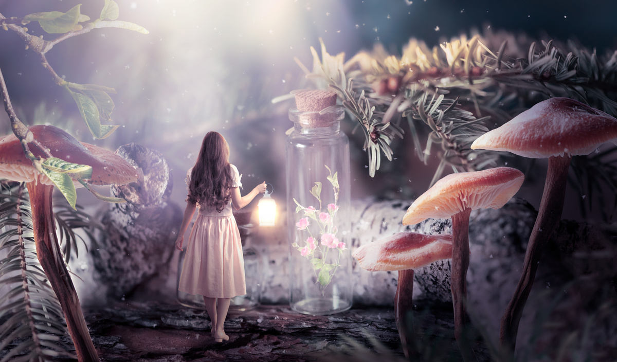 Menina com lanterna brilhante na mão caminhando na floresta de elfos, flor de rosa fantasma desabrochando trancada em garrafa e raios de lua, misterioso pinheiro e cogumelos mágicos élficos.
