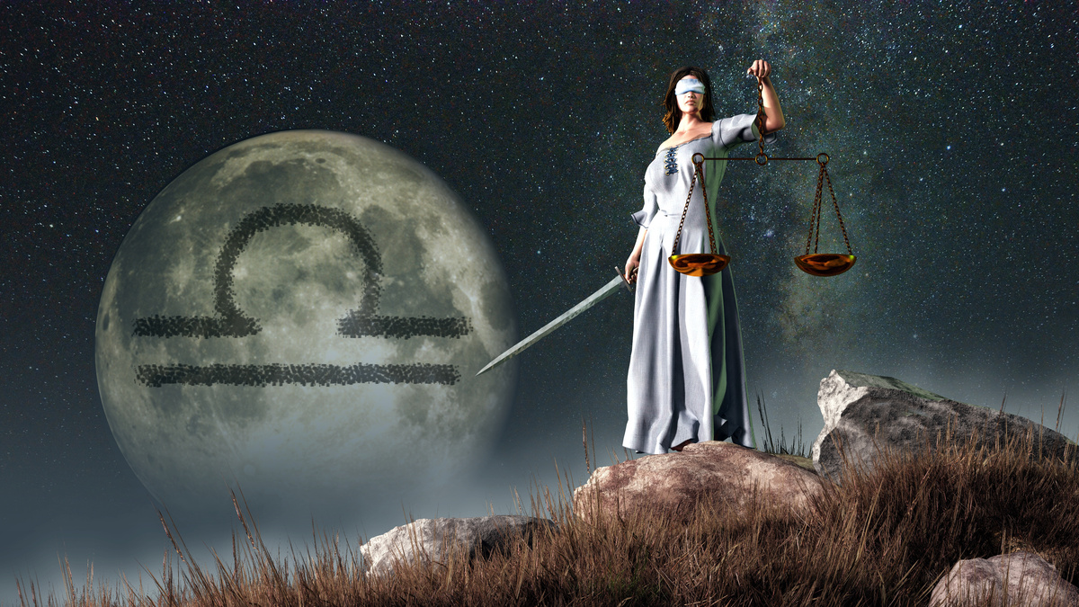 Ilustração de uma lua com símbolo de Libra e uma mulher de olhos vendados segurando uma balança