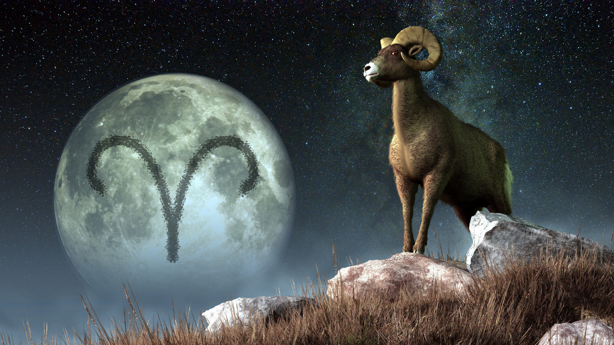 Ilustração com carneiro e lua com símbolo do signo de Áries