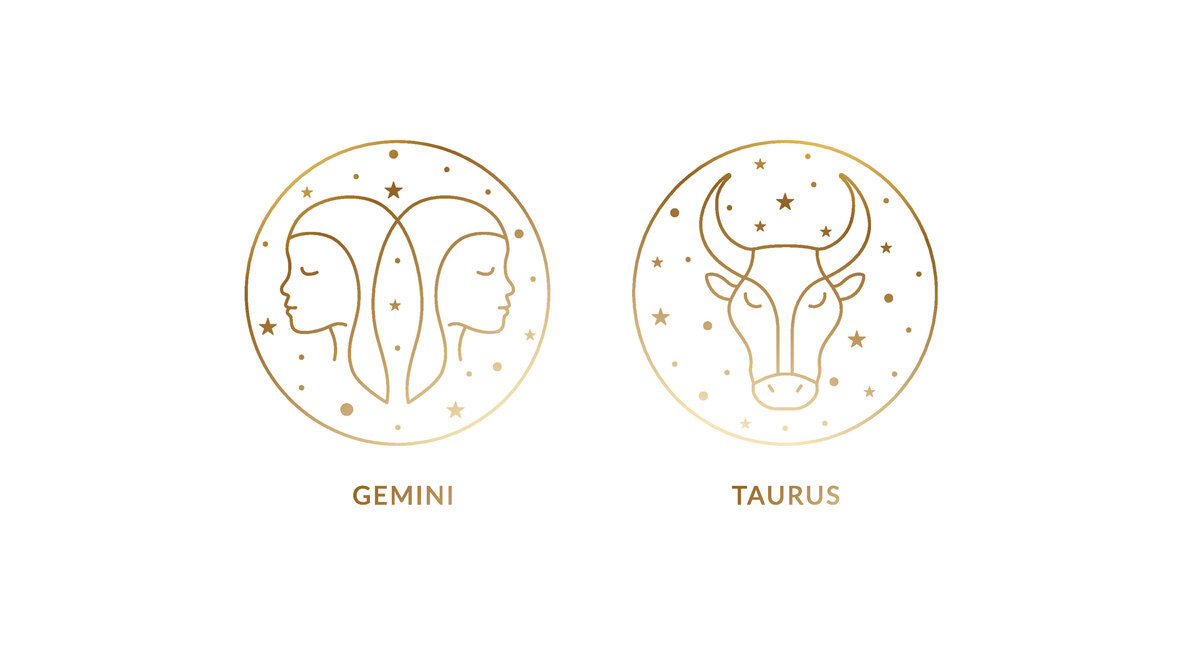 Ilustrações dos símbolos de Touro e Gêmeos em dourado