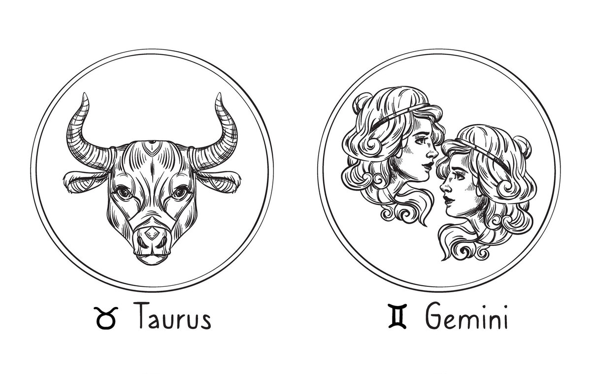 Ilustrações dos signos de Touro e Gêmeos na cor preta