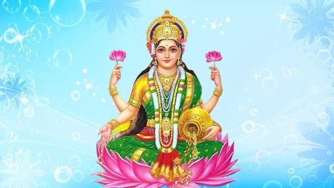 Ilustração da Deusa Lakshmi com jarro em uma flor de lótus