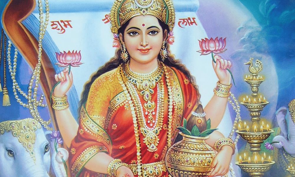 Ilustração da Deusa Lakshmi segurando um jarro e velas